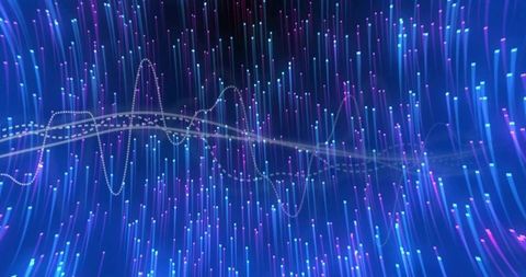 Neon data stream with vertical luminous streaks and dotted waveform ribbon for cyber tech