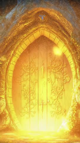 Orb Manifesting and Forming Fiery Portal at Arched Tree Door, Enchanted Fantasy Vertical Video