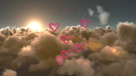 Golden Sunset with Floating Hearts in Cloudscape