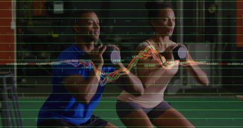 Fitness Partners Doing Dumbbell Front Squats on Gym Turf with Data Visualization Overlay