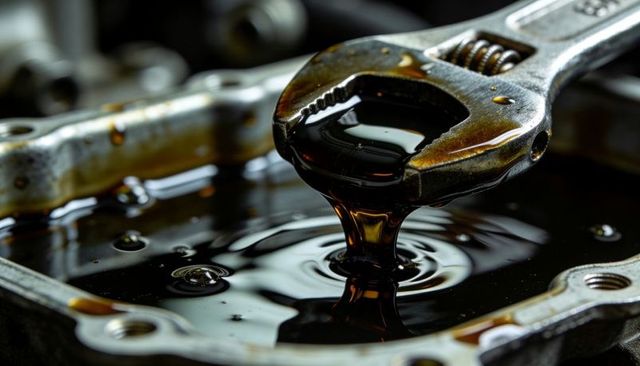 Adjustable wrench jaw dripping motor oil in macro close-up for mechanical maintenance