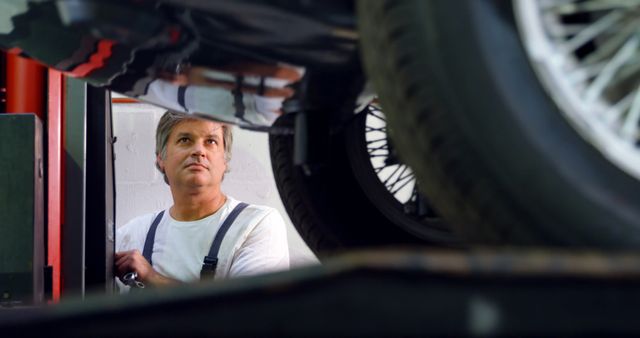 Mechanic Inspecting Vehicle's Undercarriage in Auto Shop - Download Free Stock Images Pikwizard.com