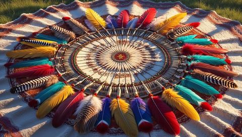 Bohemian feathered mandala on sunlit blanket