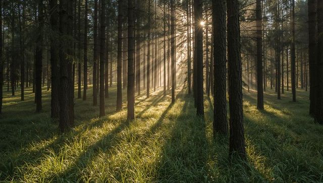 Sunbeams streaming through pine forest mist creating golden rays over grass