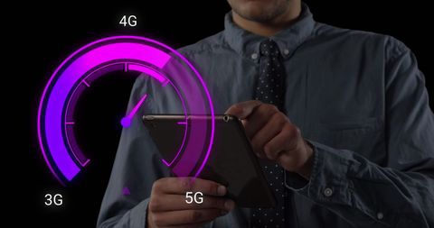 Businessman Testing Internet Speed with Digital Gauge