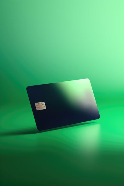 Blank black credit card with microchip on green, copy space, created using generative ai technology. Emv chip, banking, spending, technology and finance mock up concept digitally generated image.