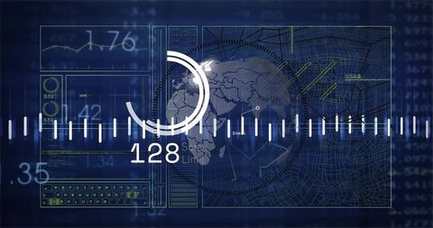 Futuristic global data hud dashboard with africa map, analytics rings and network grid
