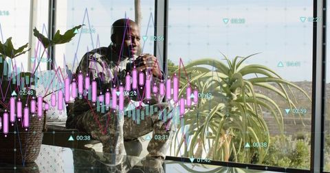 African american man in camouflage sipping coffee by glass wall with financial data overlay