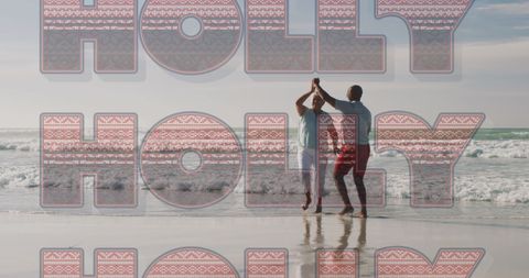 Senior Couple Celebrating Holiday on Beach with Festive Text Overlay