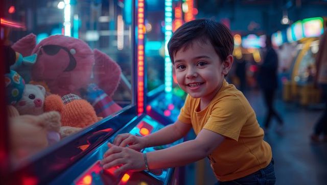 Boy Playing Claw Machine in Neon-Lit Arcade