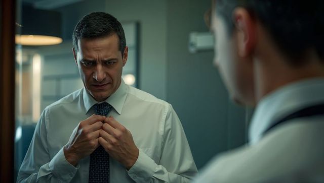 Stressed businessman tightening tie in mirror preparing for important morning meeting