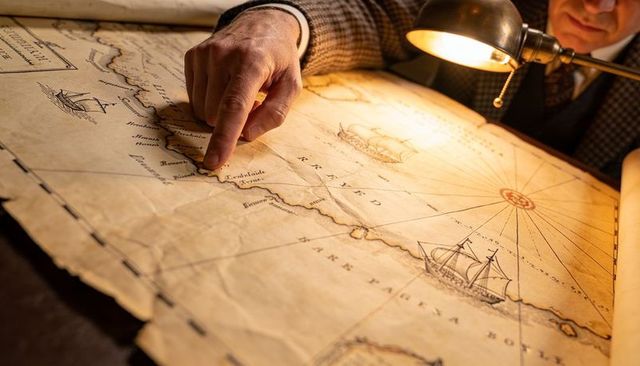 Tweed-jacketed scholar tracing antique nautical map under brass lamp with compass rose