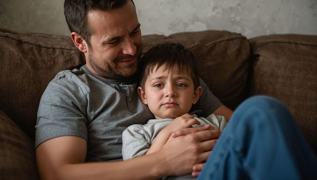 Father Holding Young Son on Sofa, Comforting Family Bonding Moment at Home