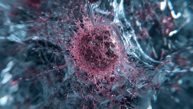 Magenta biofilm sphere radiating delicate filaments and bead droplets in cyan micrograph