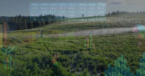 Pivot irrigation spraying with data overlays showing precision agriculture analytics