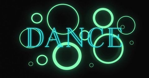 Neon dance typography with glowing turquoise rings and retro club vibes