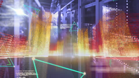 Futuristic Cityscape and Data Streams in Server Room Visual