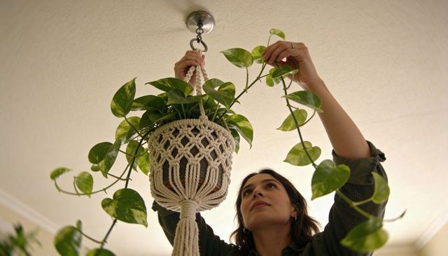 Woman adjusting hanging macrame planter with trailing pothos vines in soft interior light