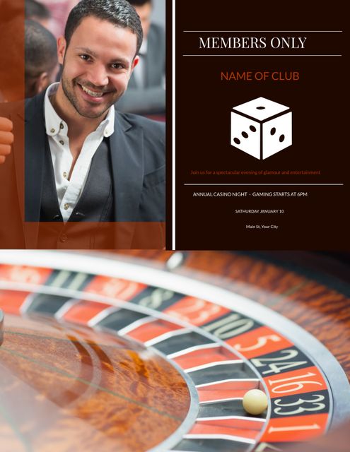 Ideal for promoting exclusive casino nights catered to VIP guests. The image conveys luxury and entertainment with a happy man and roulette wheel, perfectly depicting a glamorous casino atmosphere. Use it for email invites, social media posts, club advertisements, and event flyers aimed at attracting high-profile guests and members to a special gaming night.