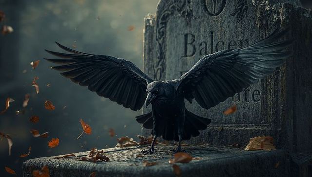 Majestic Crow with Open Wings in Eerie Graveyard
