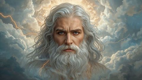 Majestic deity emerges amidst stormy clouds with lightning