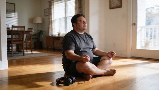 Hispanic man meditating on sunlit living room floor with headphones nearby for mindfulness