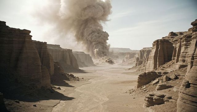 Billowing smoke rising over desert canyon from wrecked vehicle with tire tracks