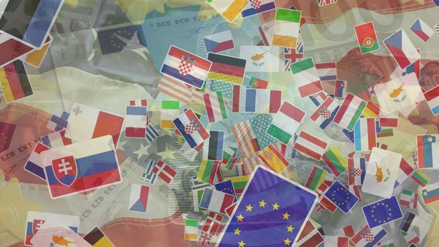 The video depicts a collage of various national flags overlaid on US flags and scattered versions of banknotes, symbolizing global economic connectivity and international business. Useful for articles and presentations on international finance, global economy, and multicountry economic partnerships.