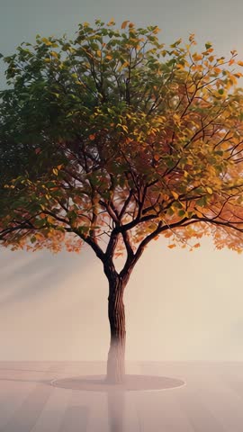 Vertical video orbiting camera circling urban tree in planter showcasing textured canopy glow