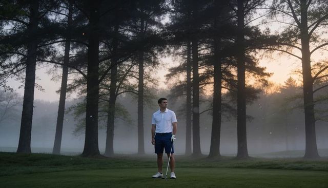 Golfer standing on misty pine fairway at dawn holding iron club and wearing white polo