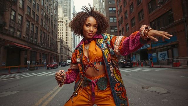 Confident Woman Showcasing Colorful Urban Streetwear in City