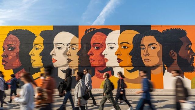 Vibrant Urban Mural Celebrating Diversity with Blurred Pedestrians