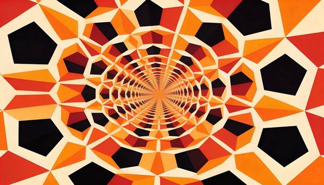 Radiating geometric tunnel forming warm tessellated polygon spiral with op art depth