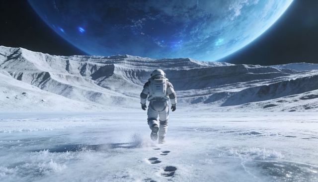 Astronaut walking across frozen alien plain beneath giant blue planet