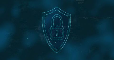 Glowing dotted shield lock representing cybersecurity encryption and data protection
