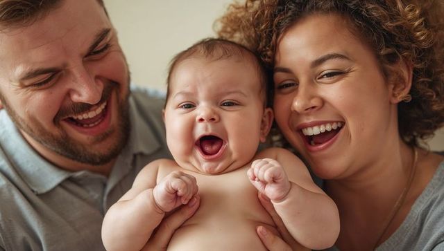 Laughing parents holding joyful newborn, cuddling and celebrating family bonding moment