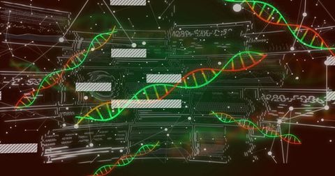 Neon dna helix network crossing futuristic digital circuit grid for genomics visualization