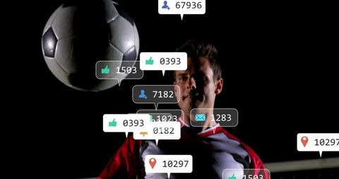 Athlete balancing soccer ball with social media interaction icons