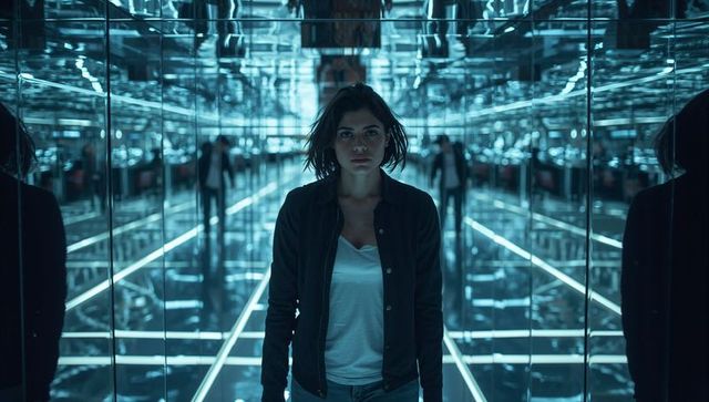 Woman standing in neon mirror maze with led grid reflections and endless depth