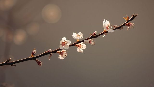 Delicate cherry blossom branch with white flowers in warm backlight and bokeh