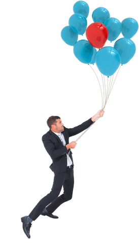 Businessman Holding Balloons Showing Success on Transparent Background