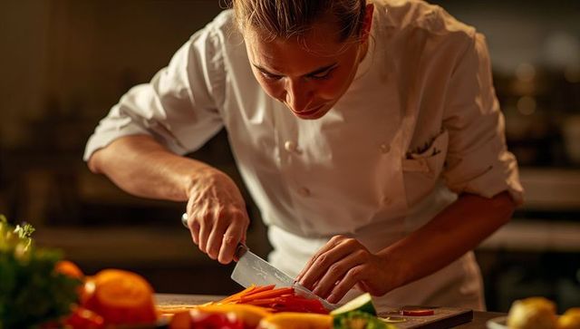 Female chef slicing carrots with precision knife in professional restaurant kitchen close-up