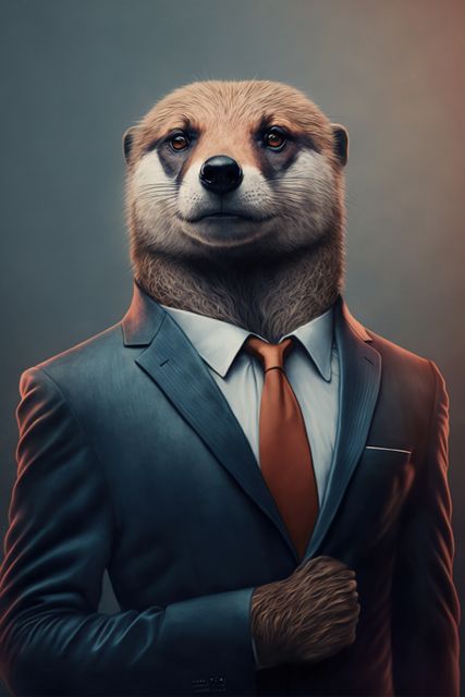 Portrait of otter with suit and brown tie on green, created using generative ai technology. Nature and style concept, digitally generated image.