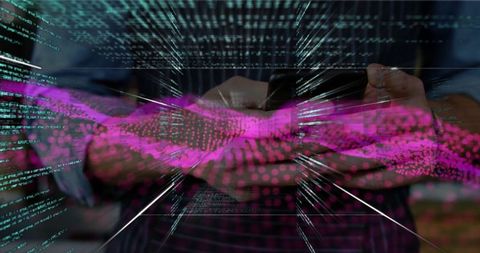 Man Holding Tablet Amidst Virtual Data Streams and Futuristic Graphics