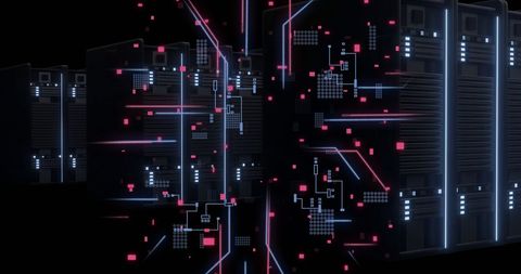 Futuristic digital data processing on servers background