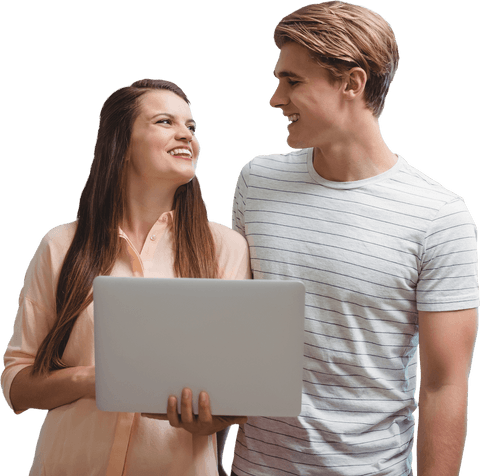 Transparent Joyful Colleagues Smiling with Laptop