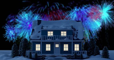 Snowy House with Fireworks in Night Sky Holiday Scene