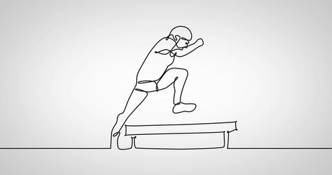 Continuous line drawing of athlete hurdling over obstacle