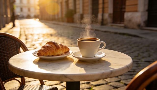Steaming espresso and buttery croissant resting on marble bistro table under morning sun