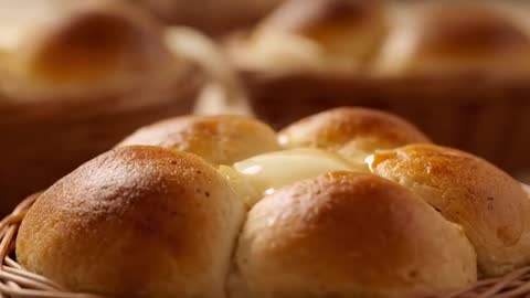 Warm pull-apart dinner rolls with melting butter spreading across golden crust in wicker basket